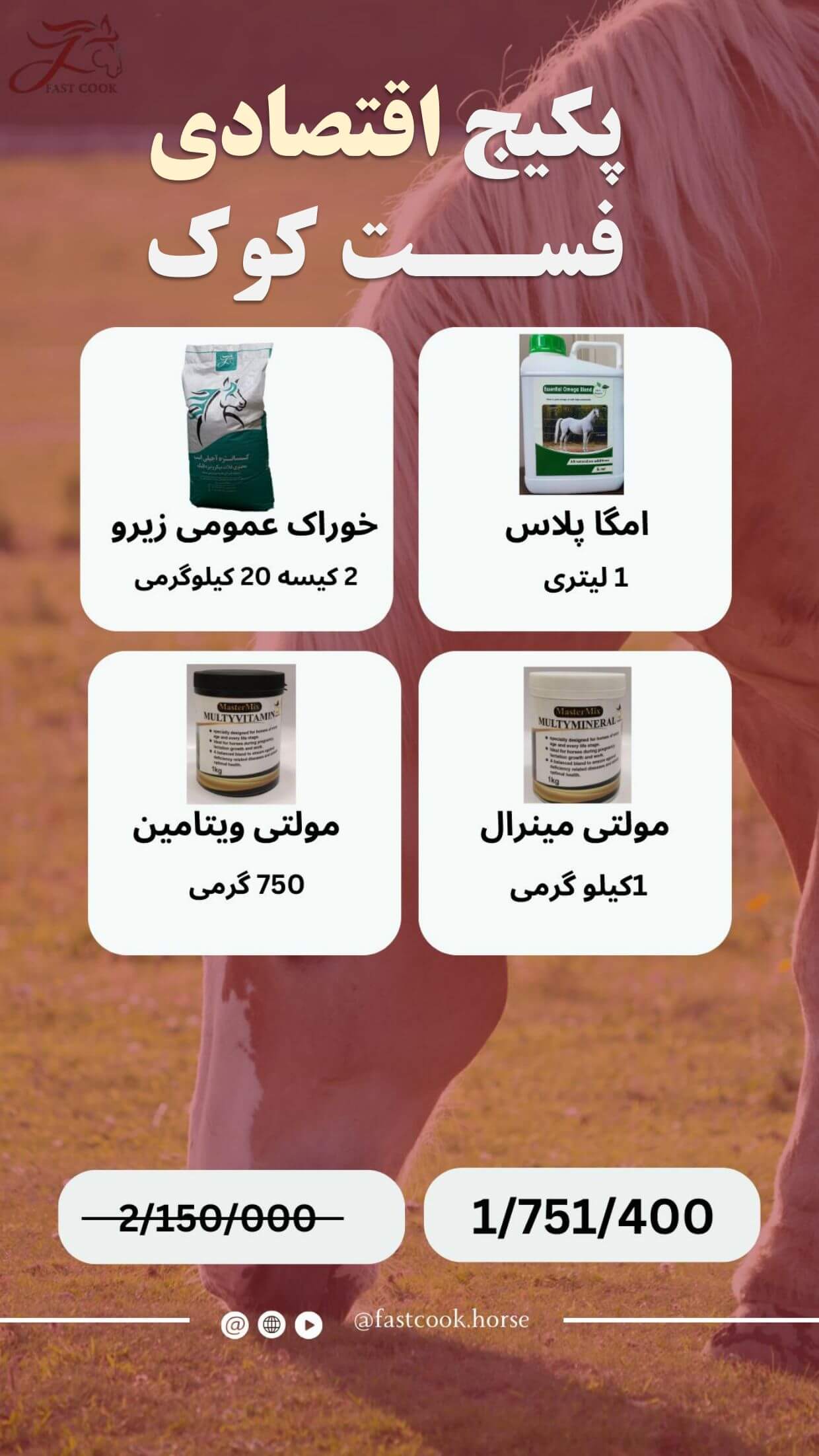 جشنواره زمستانی شرکت دانش‌بنیان فست‌کوک، در زمستان 1402، پکیج‌های اختصاصی برای انواع کلاسه‌های اسب - خوراک کنسانتره اسب، مکمل اسب، روغن اسب