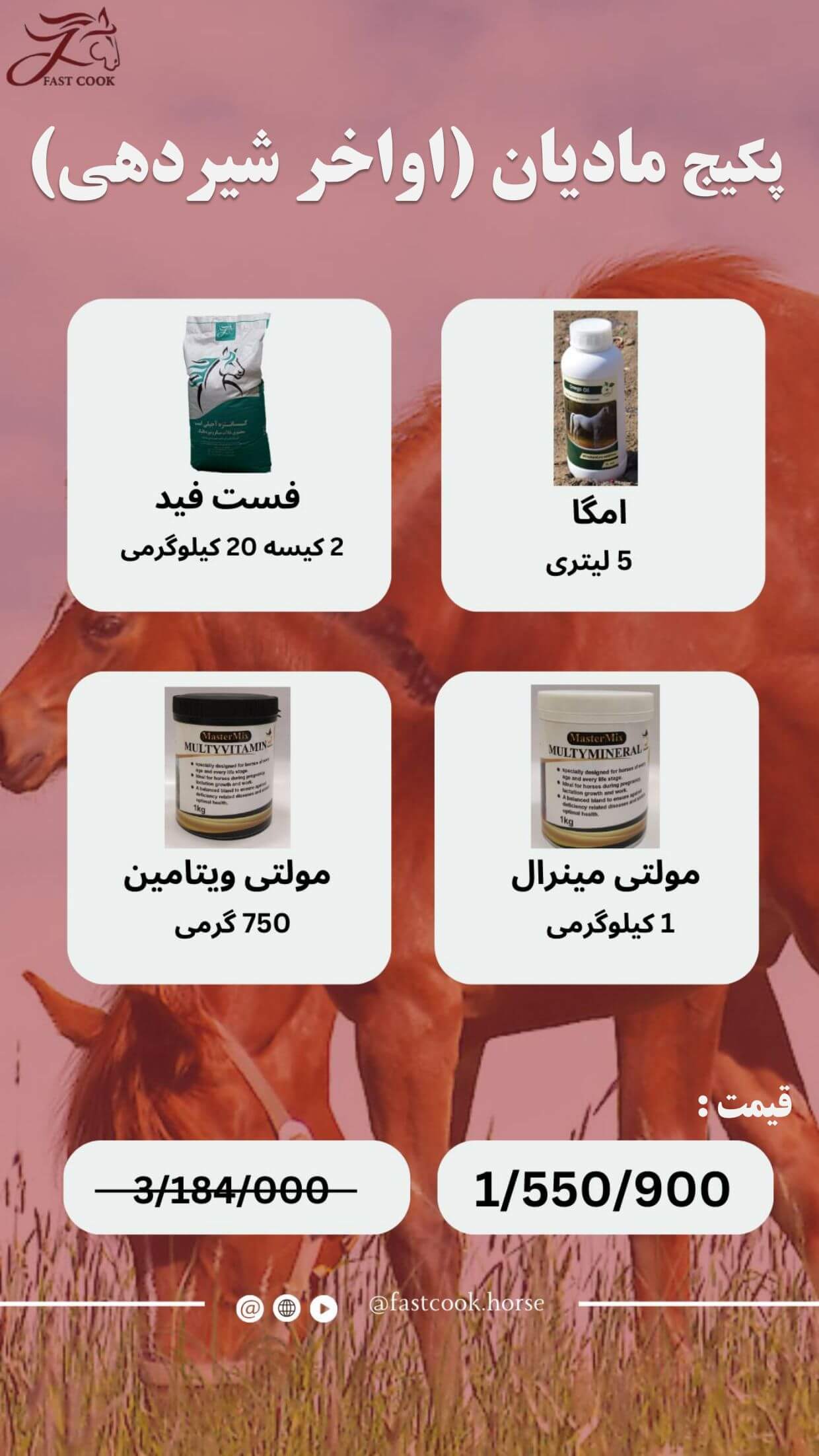 جشنواره زمستانی شرکت دانش‌بنیان فست‌کوک، در زمستان 1402، پکیج‌های اختصاصی برای انواع کلاسه‌های اسب - خوراک کنسانتره اسب، مکمل اسب، روغن اسب
